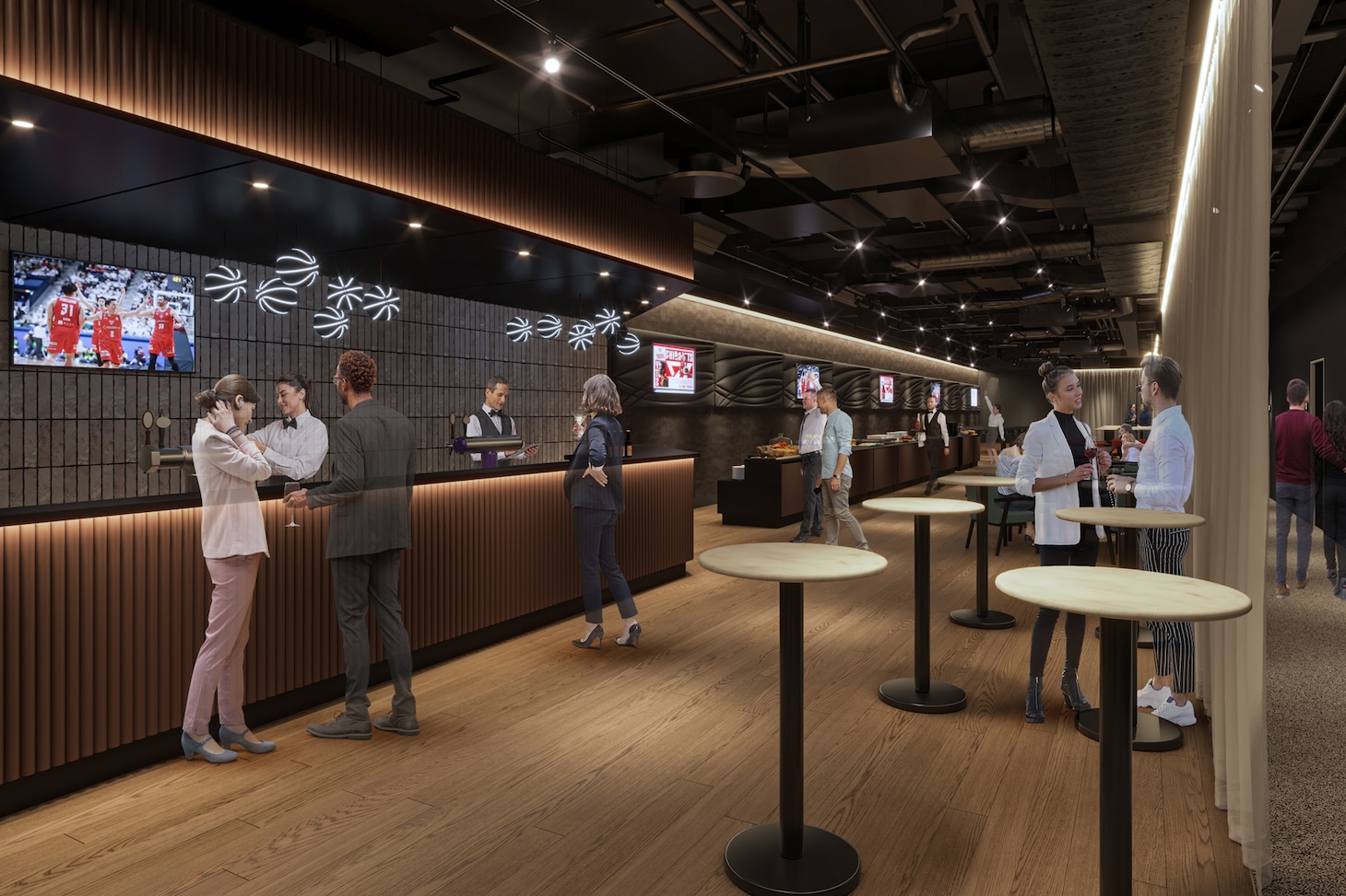LaLa arena TOKYO-BAYのVIPエリアに設けられる「VIP LOUNGE」（1カ所）。バーカウンター、テーブル、椅子が常設され、イベントの前後も楽しめる。