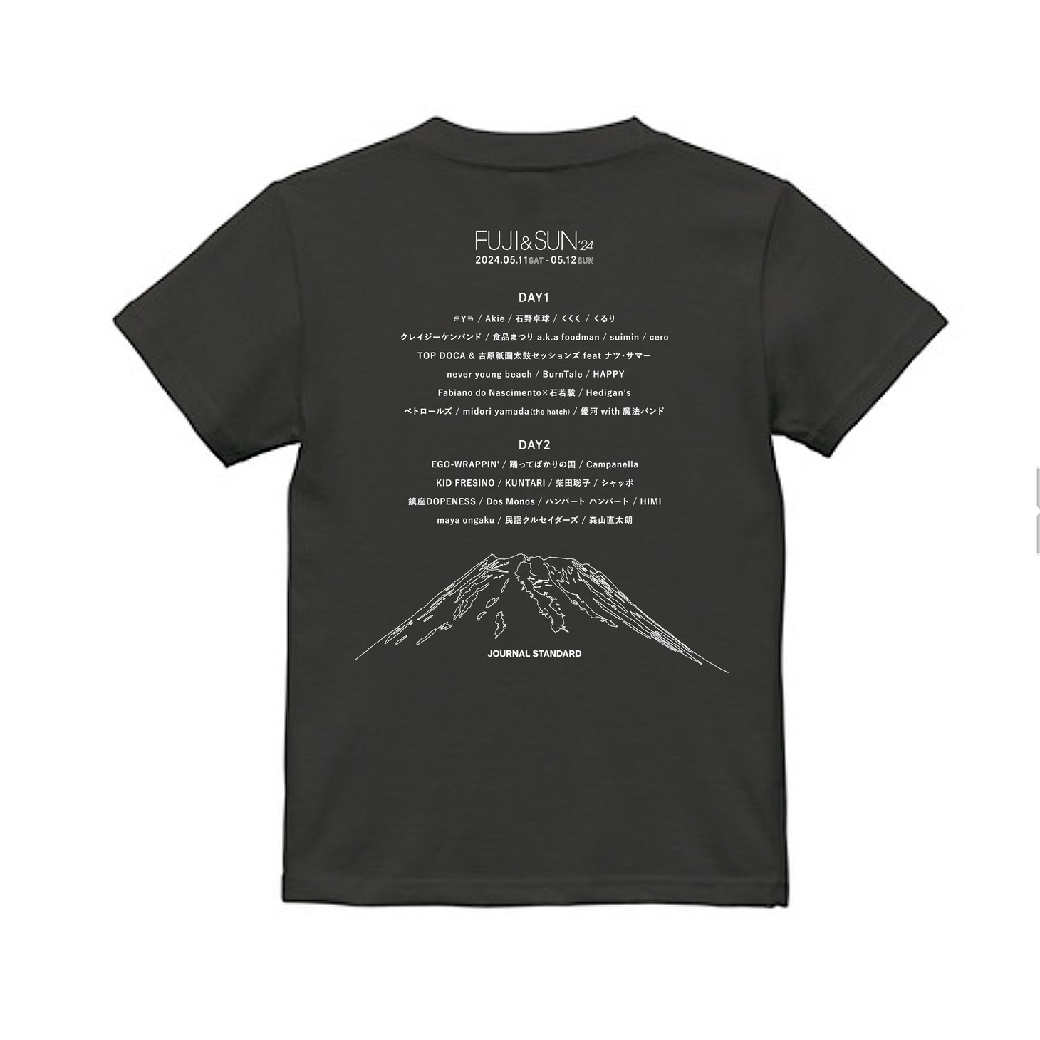 「FUJI & SUN'24」×JOURNAL STANDARDコラボTシャツ（黒）のデザイン。