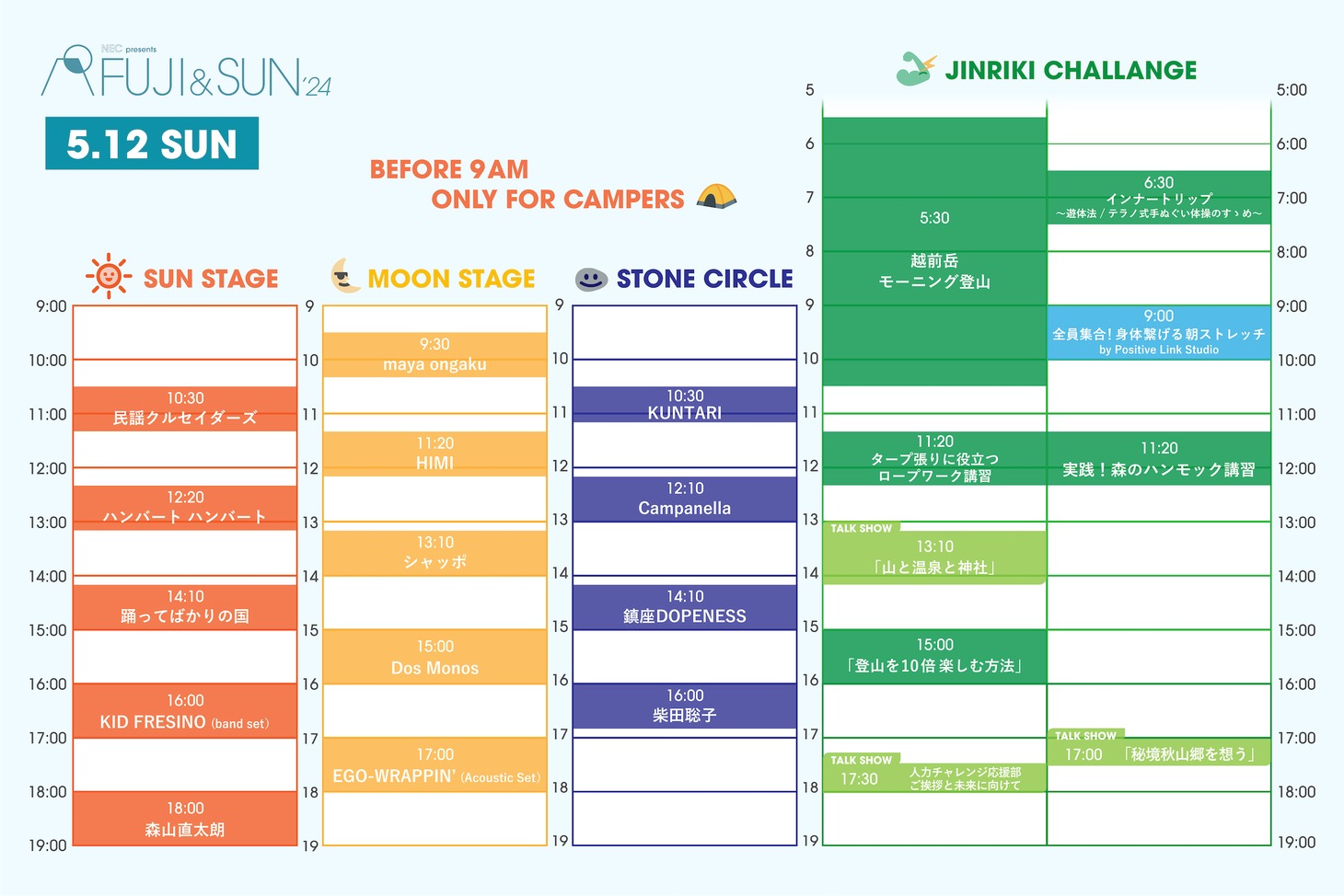 「FUJI & SUN'24」5月12日公演のタイムテーブル。