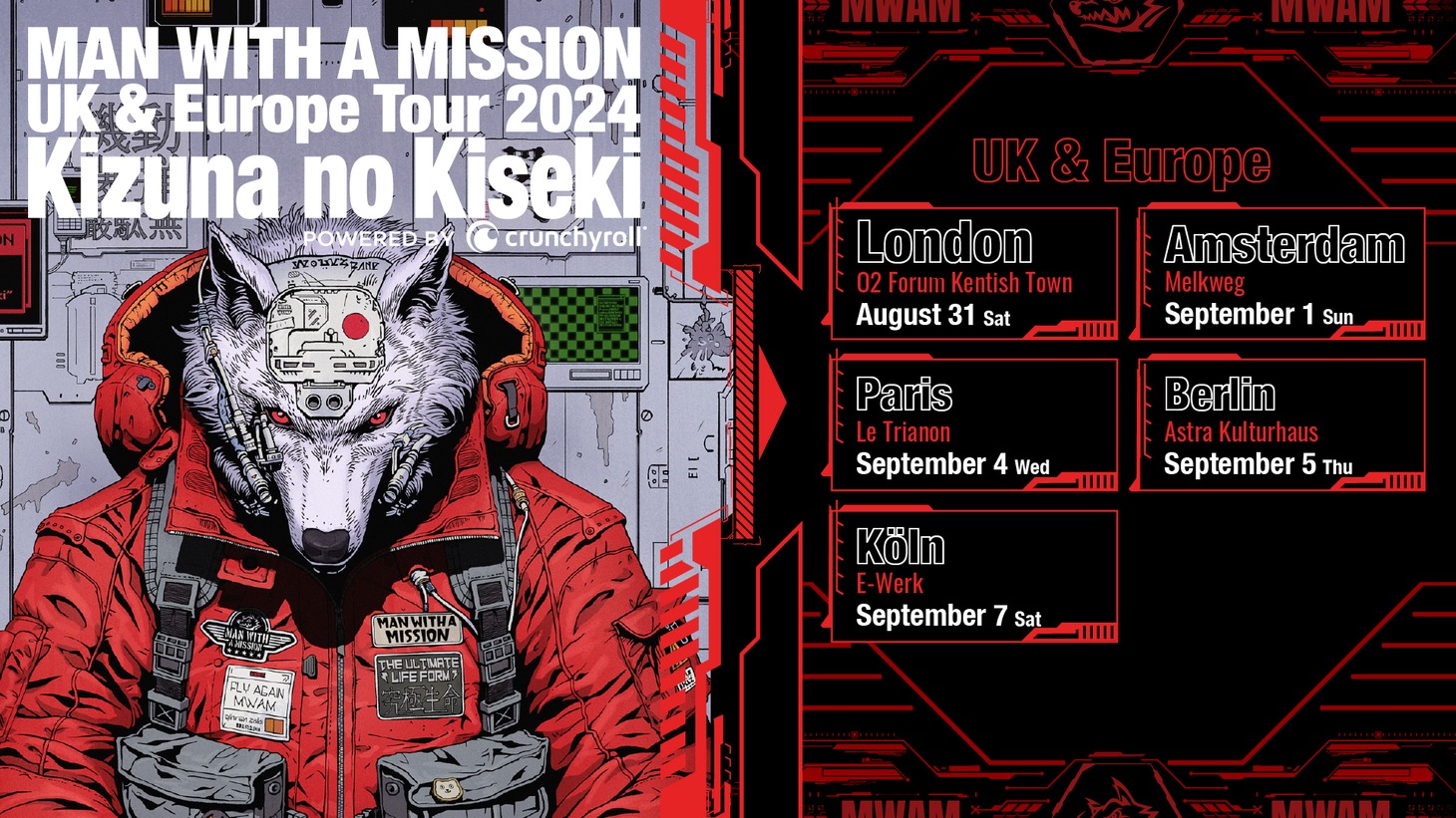 「MAN WITH A MISSION UK & Europe Tour 2024 "Kizuna no Kiseki" Powered by Crunchyroll」告知ビジュアル
