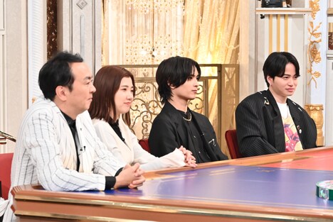 左から田中卓志(アンガールズ)、福田麻貴(3時のヒロイン)、高橋恭平(なにわ男子)、菊池風磨(timelesz)。(c)TBS