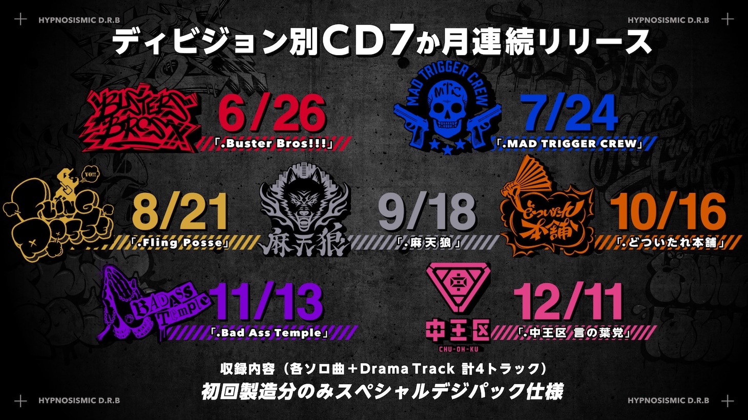 「ヒプノシスマイク -Division Rap Battle-」各ディビジョンのCD告知画像。