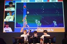 「Tricky Towers」をプレイするユーキ、リョウガ、橘柊生。