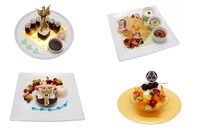 左上から時計回りで「マツケンサンバII巻寿司」、「上様どこかな？かくれんぼナチョ」、「サンバかき氷～フルーツ・オレ！味～」、「最中から上様登場トッツォ」。