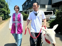 相武紗季と大悟（千鳥）とヤギのポポ。(c)テレビ東京