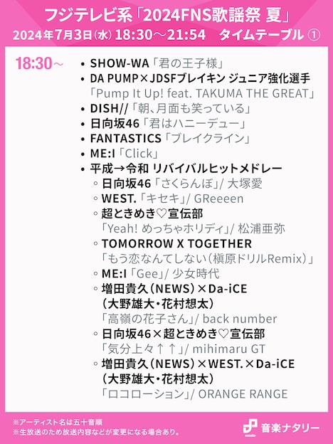 フジテレビ系「2024FNS歌謡祭 夏」18:30～タイムテーブル