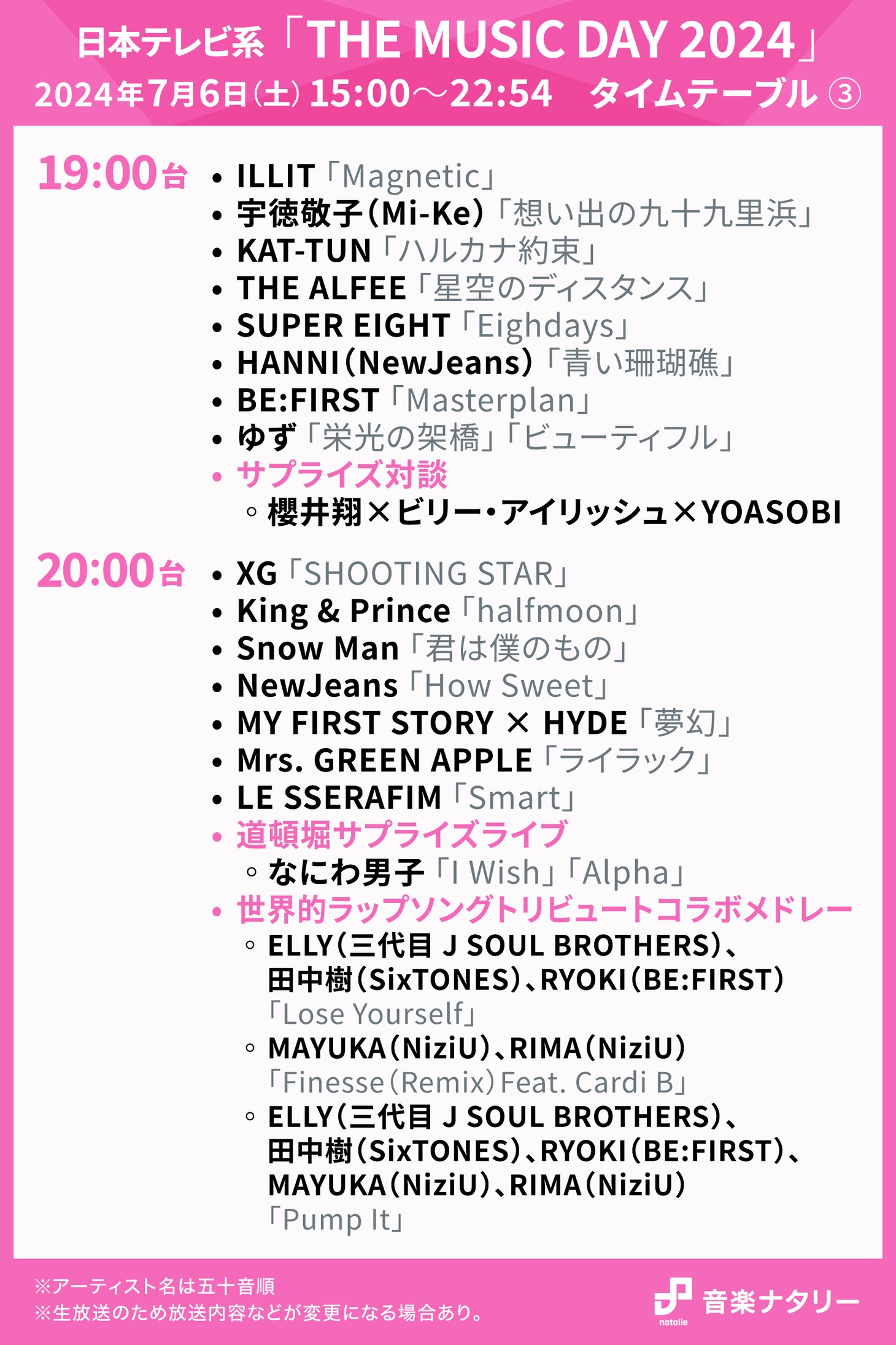 人気画像2位は「『THE MUSIC DAY』タイムテーブル発表！Snow Man、乃木坂46、ミセス、NewJeansら登場」より、「THE MUSIC DAY 2024」19:00台、20:00台タイムテーブル