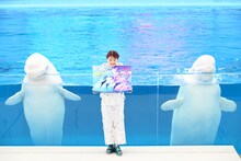 シロイルカのマネをするアイナ・ジ・エンド。