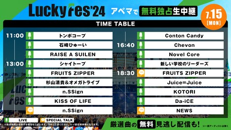 「LuckyFes'24」7月15日配信タイムテーブル (c)AbemaTV, Inc.