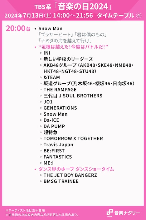 「音楽の日2024」20:00台タイムテーブル