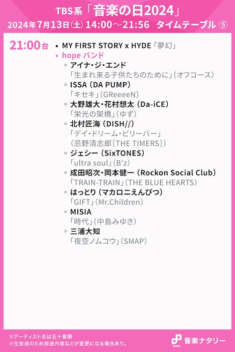「音楽の日2024」21:00台タイムテーブル