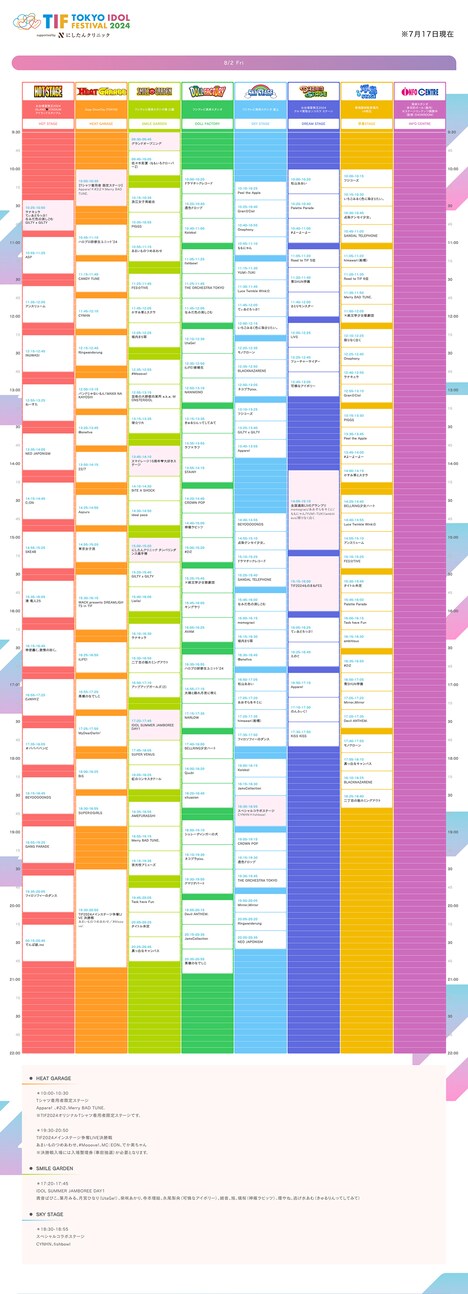 「TOKYO IDOL FESTIVAL 2024」初日8月2日公演のタイムテーブル。