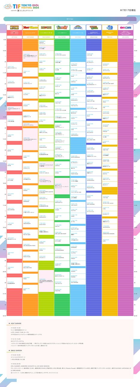 「TOKYO IDOL FESTIVAL 2024」2日目8月3日公演のタイムテーブル。