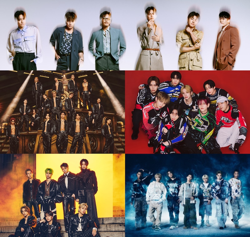LDHの所属アーティストたち。上からGENERATIONS、THE RAMPAGE、FANTASTICS、BALLISTIK BOYZ、PSYCHIC FEVER。