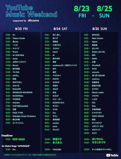 「YouTube Music Weekend 8.0 supported by docomo」タイムテーブル