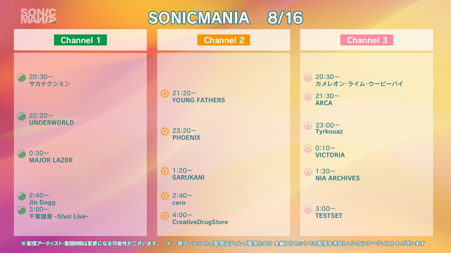 WOWOW「SONICMANIA」配信タイムテーブル