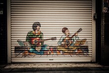 九月八日のシャッターに描かれたコブクロのイラスト。