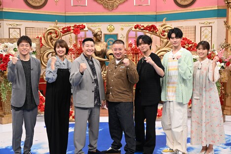 左から陣内智則、中村仁美、チョコレートプラネット、永瀬廉(King & Prince)、前田拳太郎、渋谷凪咲。(c)TBS