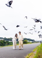 手をつなぐ加納エミリと伊島空、空を飛ぶ無数のハト。（撮影：櫻井圭佑）