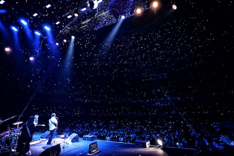 回るミラーボールの下で演奏するZAZEN BOYS。（撮影：菊池茂夫）