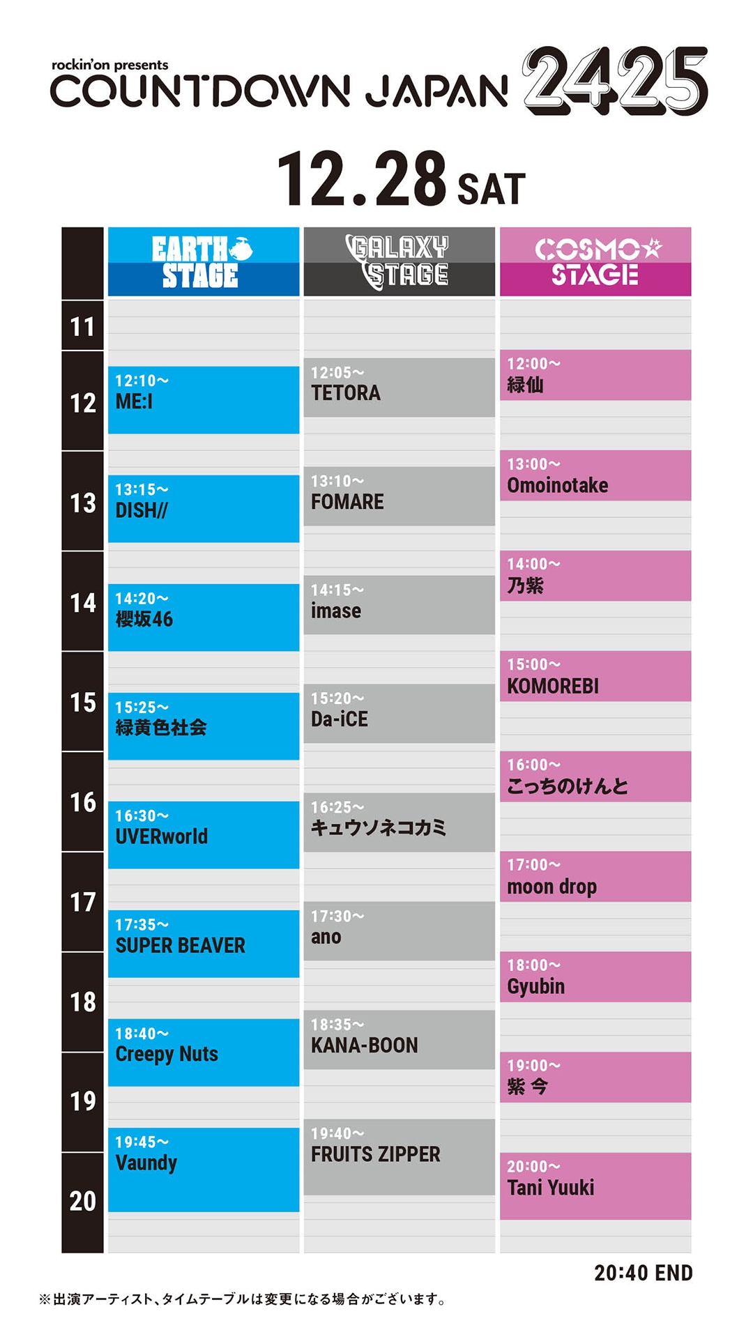 「COUNTDOWN JAPAN 24/25」12月28日タイムテーブル