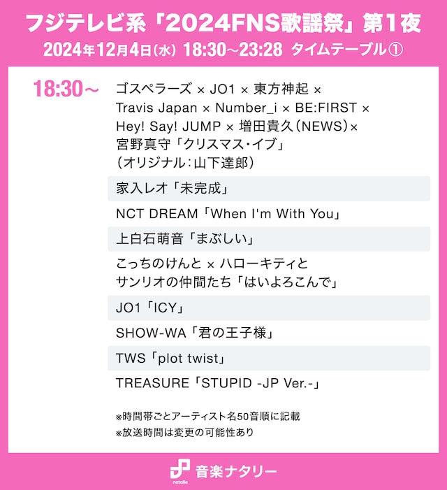 「2024FNS歌謡祭」第1夜 18:30～タイムテーブル