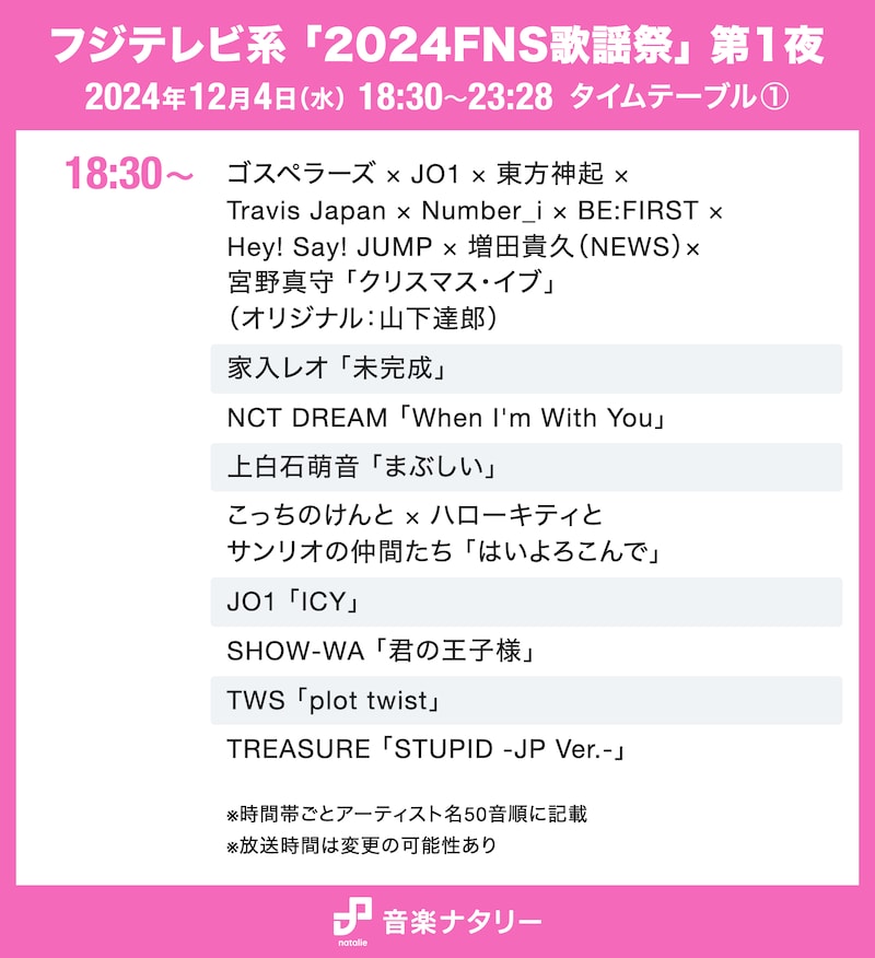 「2024FNS歌謡祭」第1夜 18:30～タイムテーブル