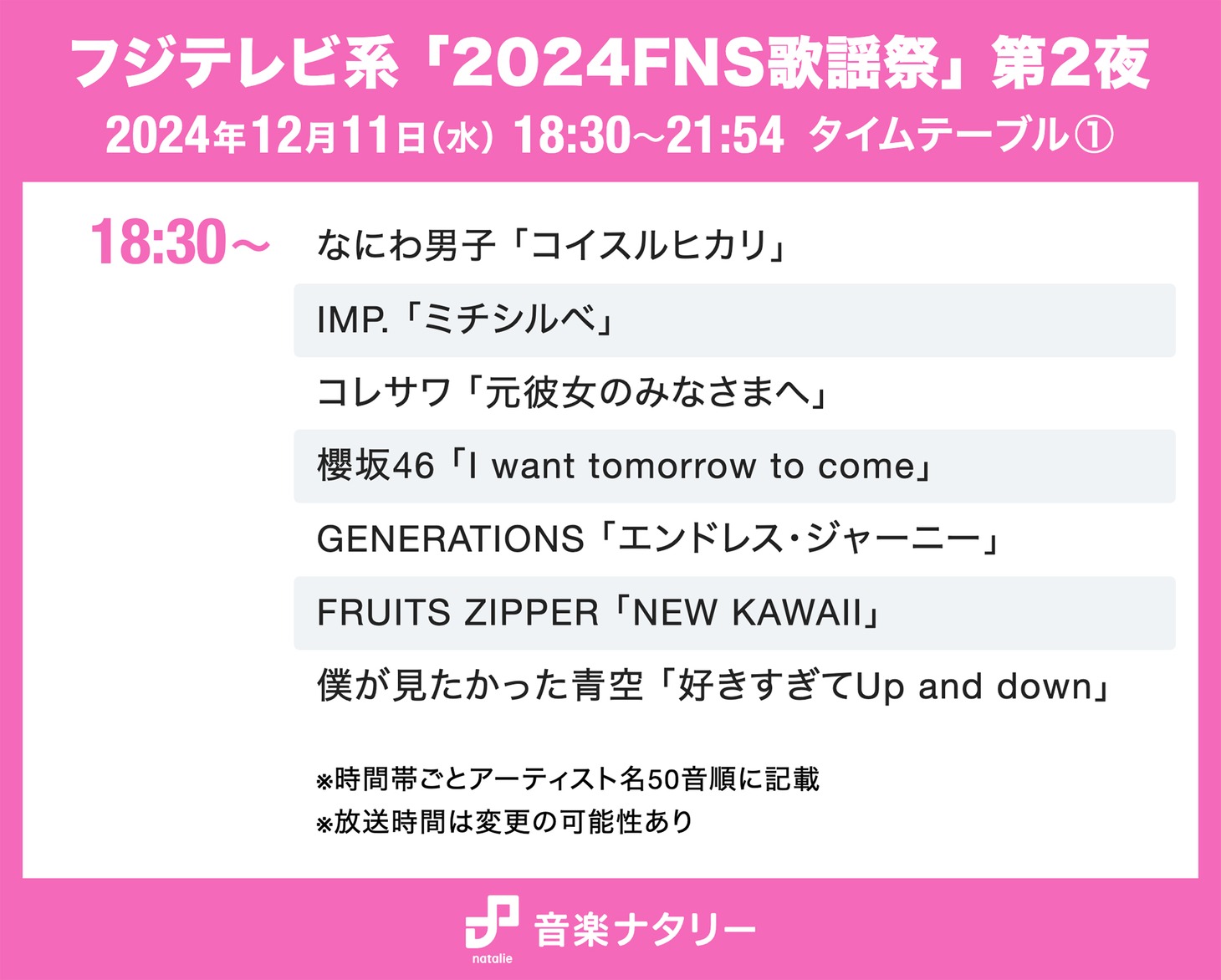 人気画像4位は「『FNS歌謡祭 第2夜』タイムテーブル発表！松本孝弘×TERU、キンプリら出演者の登場時間・歌唱曲は」より、「2024FNS歌謡祭」第2夜 18:30～タイムテーブル。