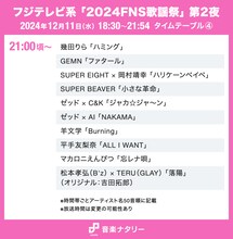 「FNS歌謡祭 第2夜」タイムテーブル発表！松本孝弘×TERU、キンプリら出演者の登場時間・歌唱曲は