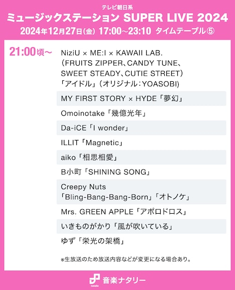 「ミュージックステーション SUPER LIVE 2024」21:00頃～ タイムテーブル