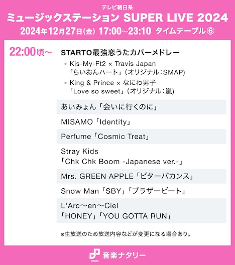 「ミュージックステーション SUPER LIVE 2024」22:00頃～ タイムテーブル