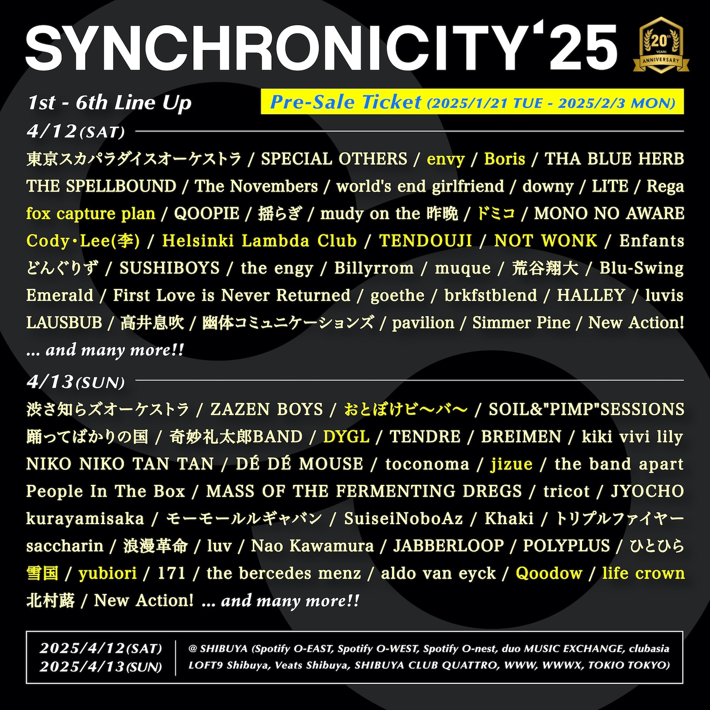 「SYNCHRONICITY'25 - 20th Anniversary!! -」出演アーティスト第6弾ビジュアル