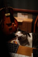 堀込さんの作業場であくびをするコマさん。