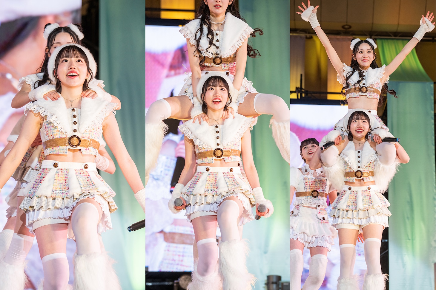 石原愛梨沙（上）を肩車する大和明桜（下）。