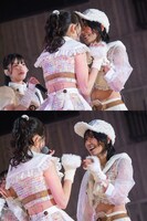 鶴見萌（左）に過剰に接近され驚く隈本茉莉奈（右）。