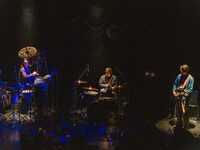 左からシマダボーイ（Perc）、大垣翔（Dr）、鳥居真道（G）。（Photo by Jun Yokoyama）