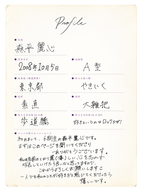 森平麗心の手書きプロフィール。