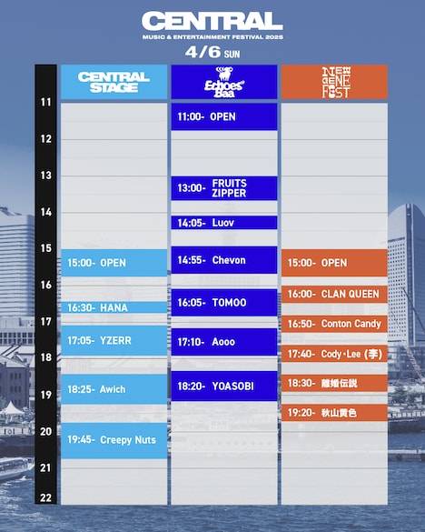 「CENTRAL MUSIC & ENTERTAINMENT FESTIVAL 2025」4月6日公演タイムテーブル