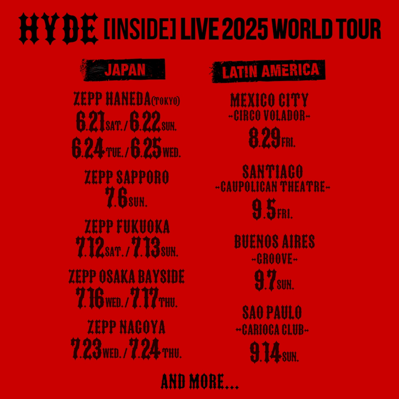 HYDE [INSIDE] LIVE 2025 WORLD TOUR」スケジュール - HYDEが