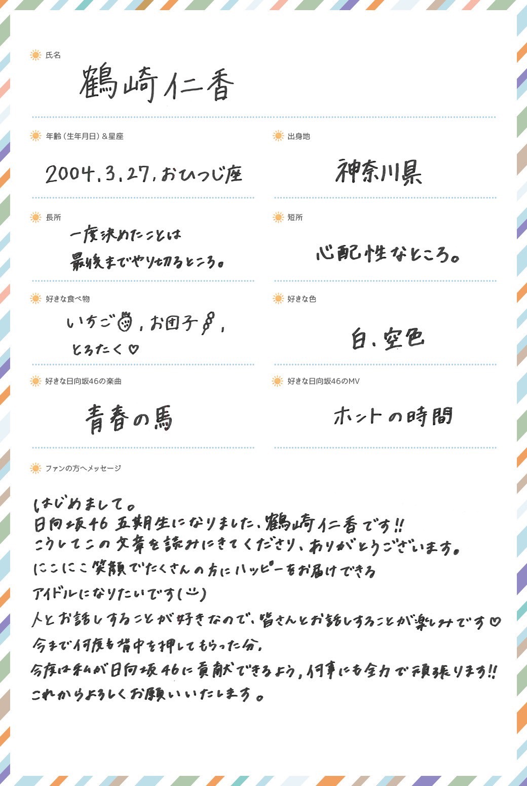 鶴崎仁香の手書きプロフィール。