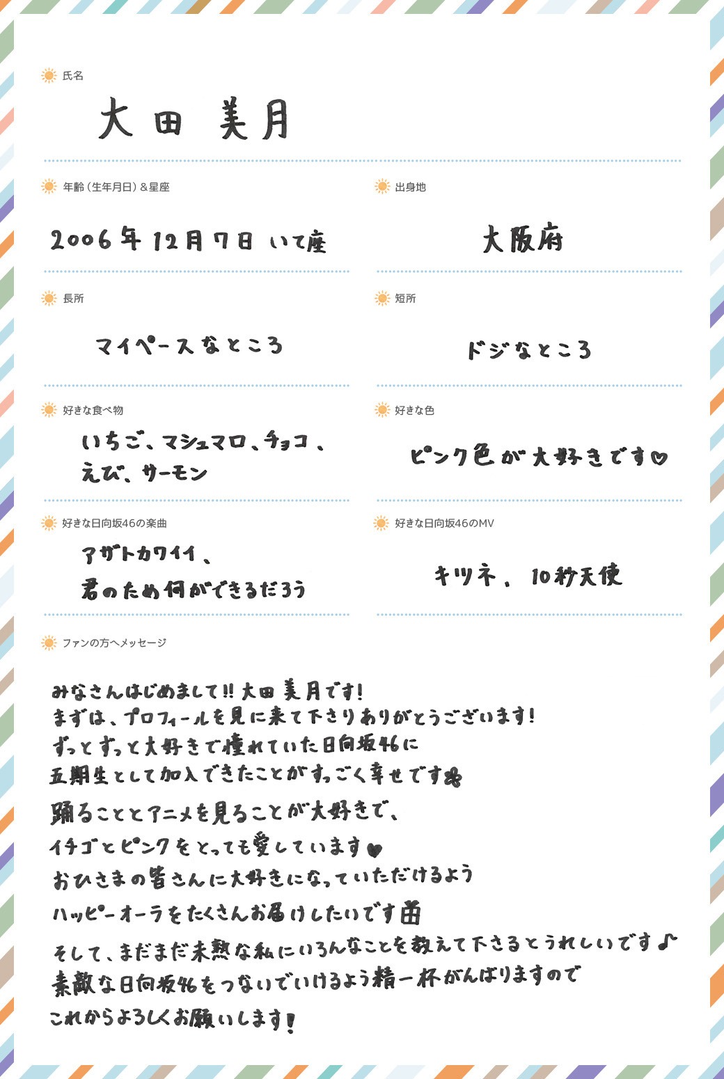 大田美月の手書きプロフィール。