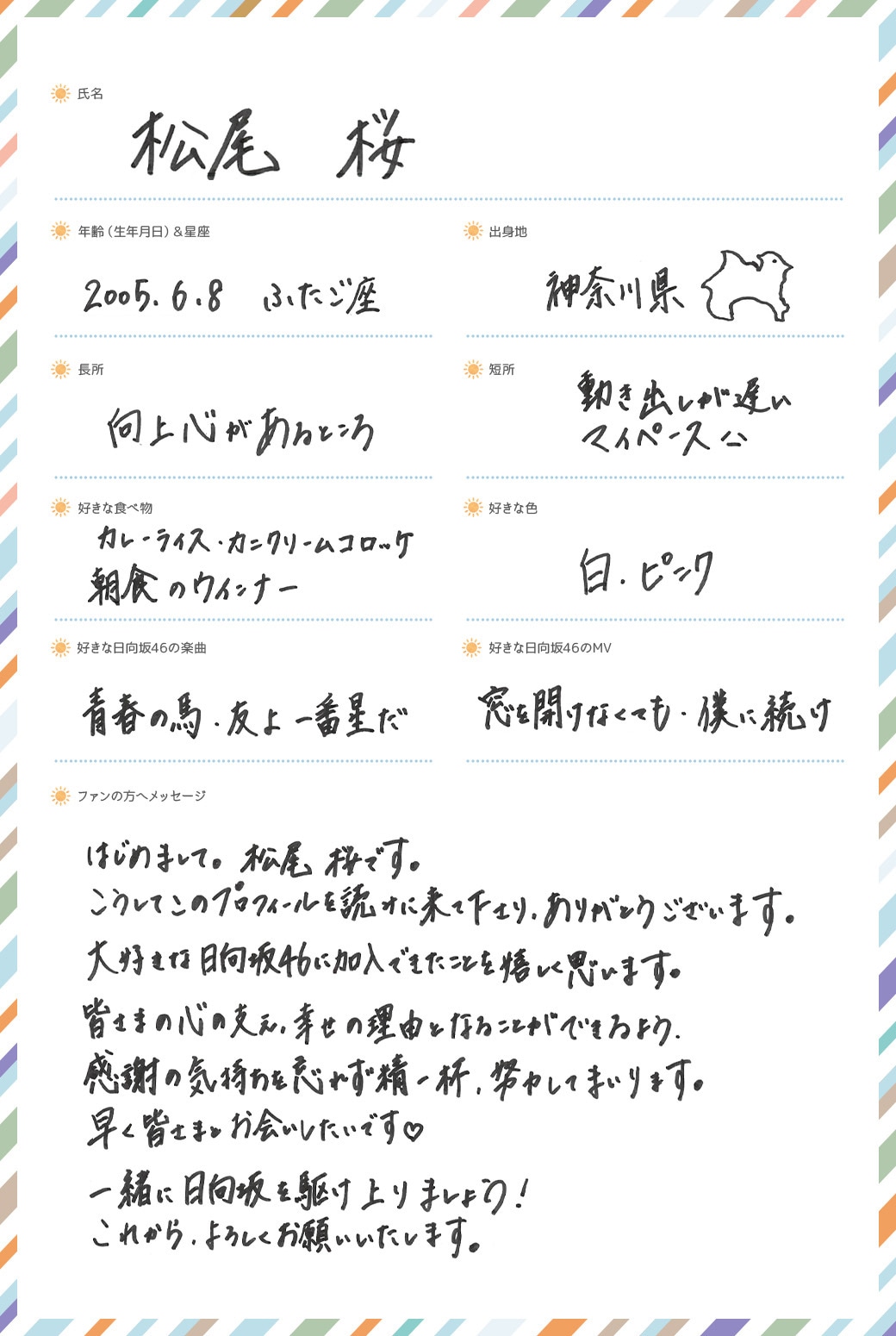 松尾桜の手書きプロフィール。