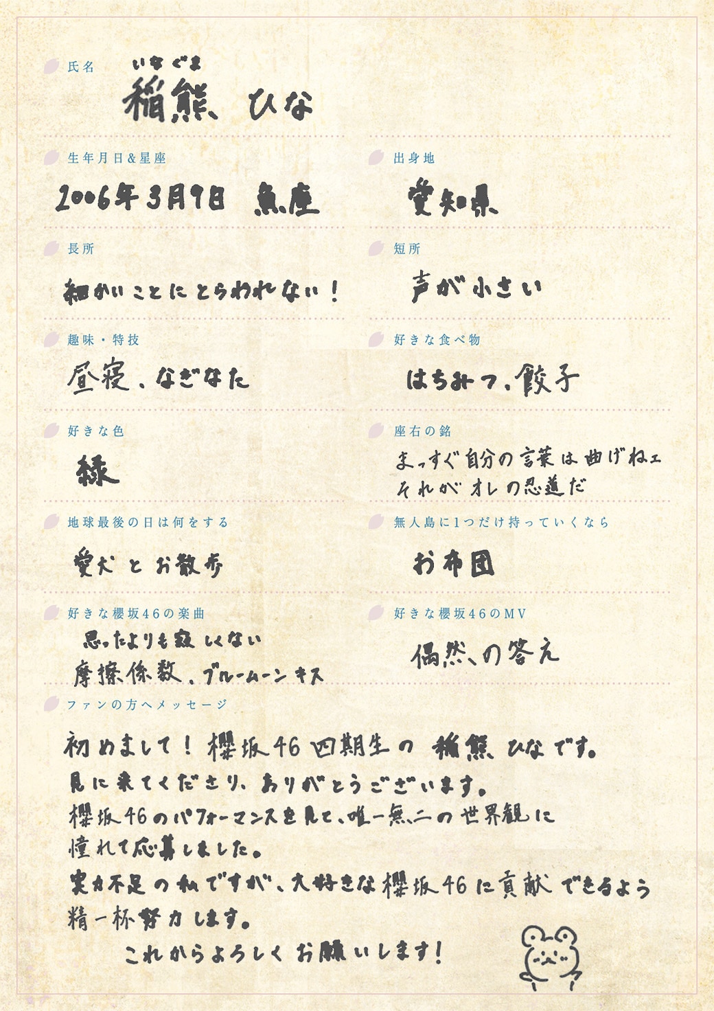 稲熊ひなの手書きプロフィール。 - 櫻坂46の四期生プロフ＆ソロ