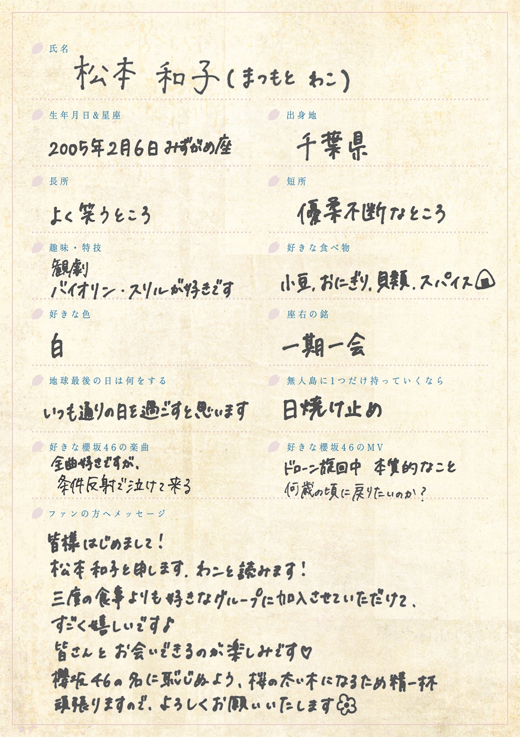 松本和子の手書きプロフィール。