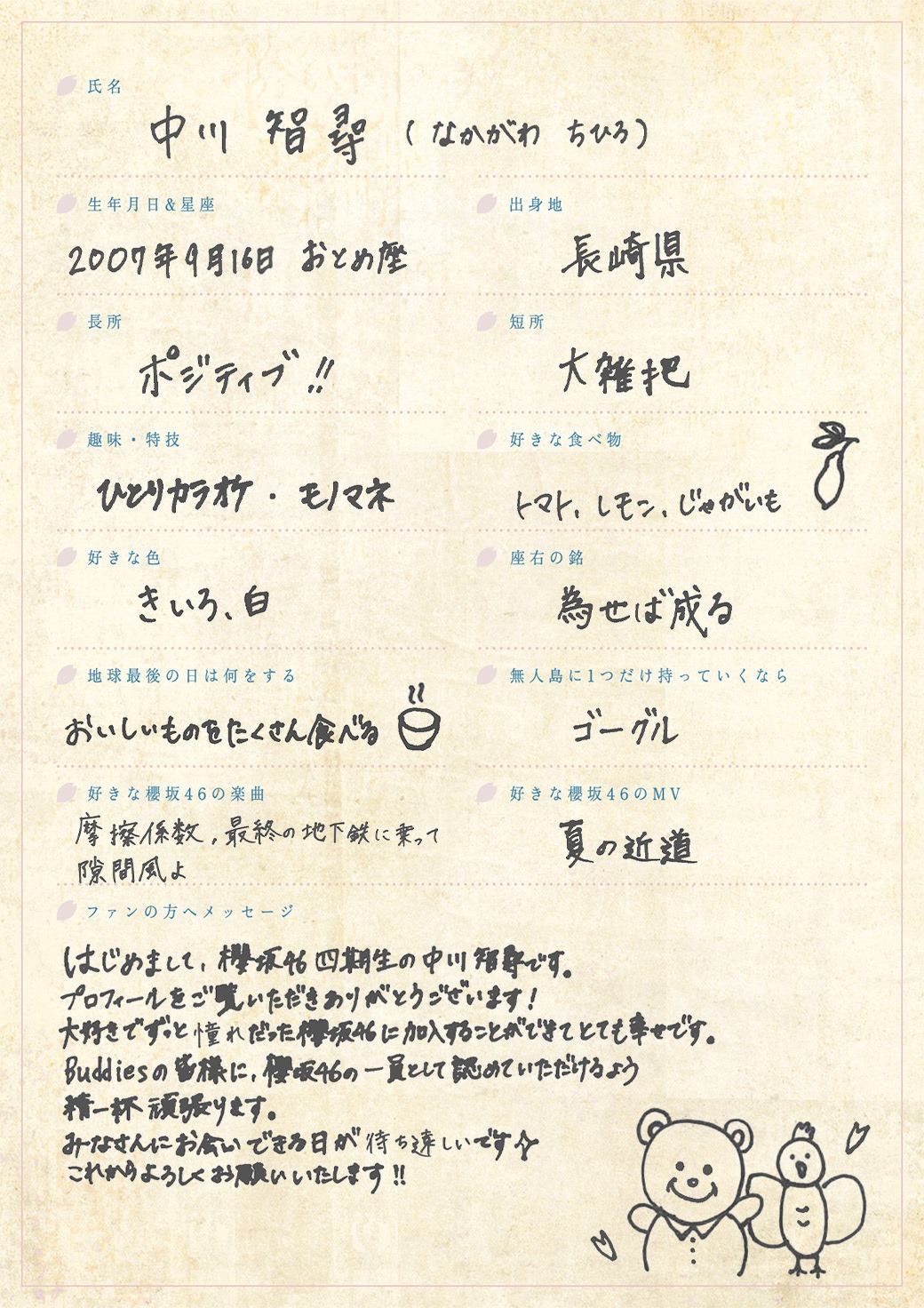 中川智尋の手描きプロフィール。