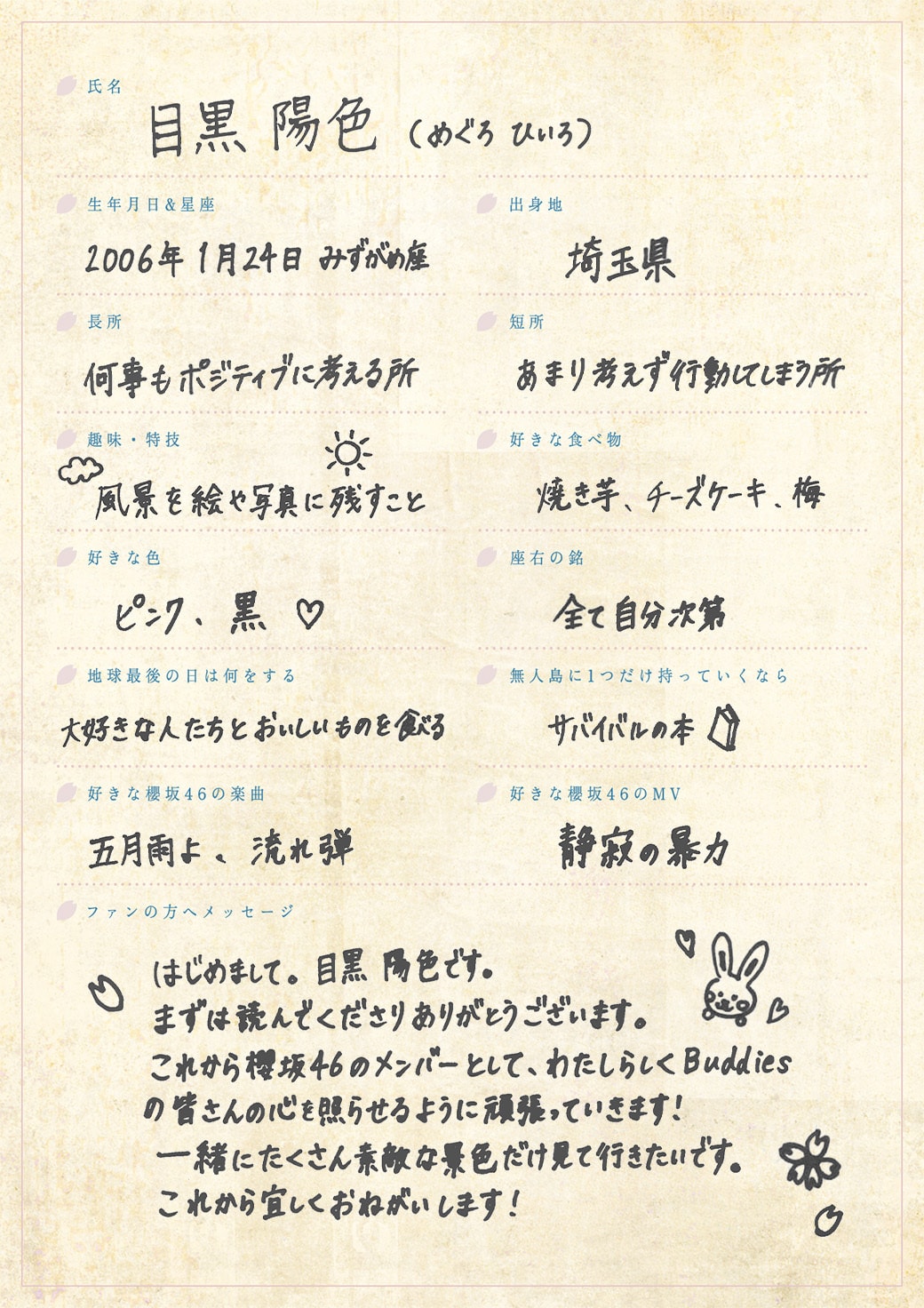 目黒陽色の手書きプロフィール - 櫻坂46四期生の特技公開、目黒