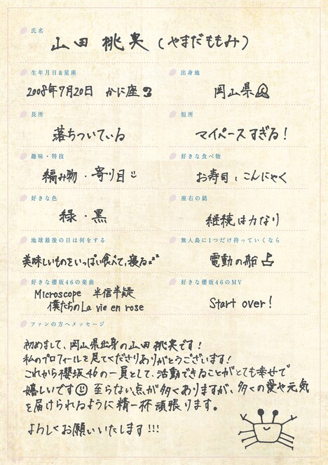 山田桃実の手書きプロフィール。