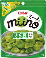 「miino（ミーノ）そら豆 しお味」28gのパッケージ画像。