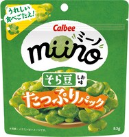 「miino（ミーノ）そら豆 しお味」53gたっぷりパックのパッケージ画像。