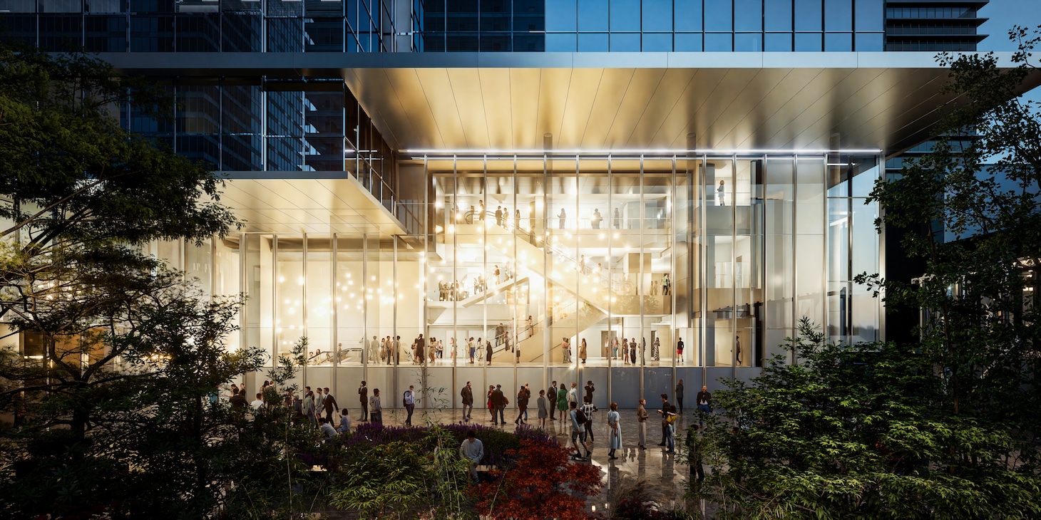 劇場ホワイエ（外堀通り側）のイメージパース。